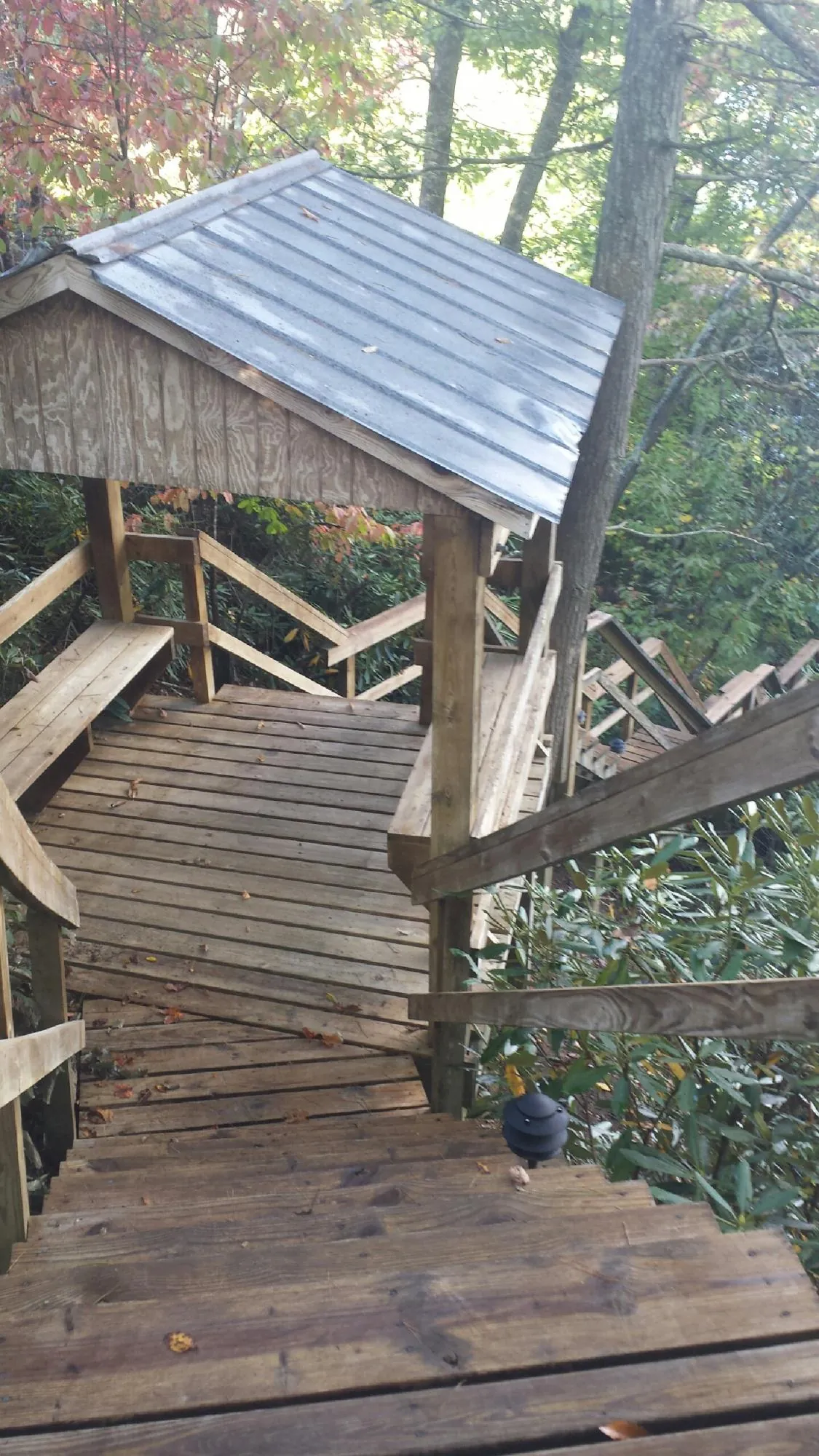 Metal roofed shelter over wooden steps on a wooded walkway — Skylight Repair & Installation work by our crew in Mantador